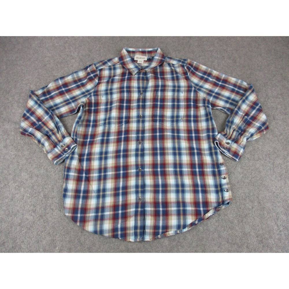 Ariat Shirt Womens Medium Blue Plaid Button Front Long Sleeve Cowboy Top